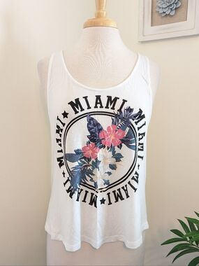 H&M Miami Floral Tropical Tank Top White Pink Blue Medium